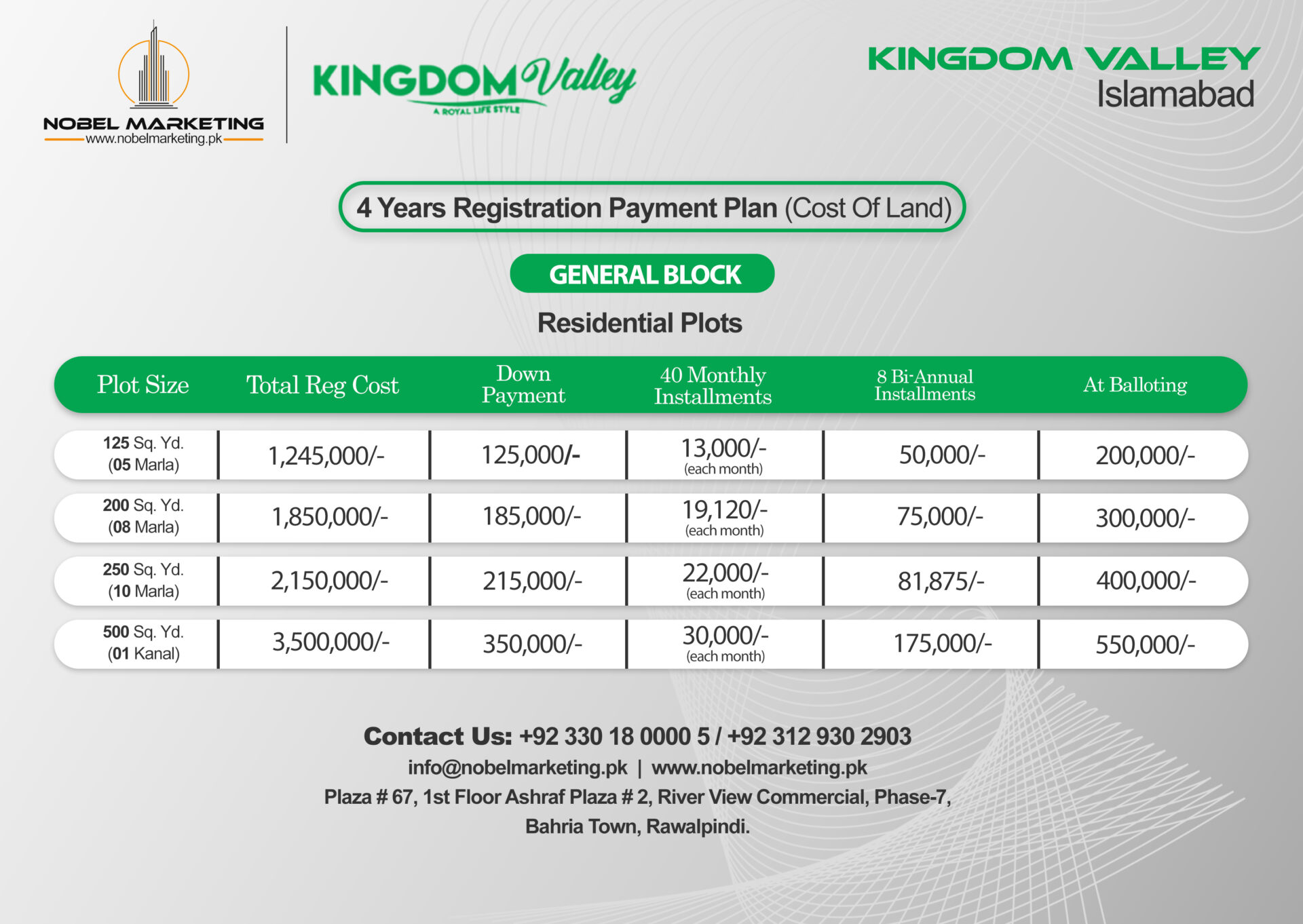 Kingdom Valley Islamabad General Block Payment Plan